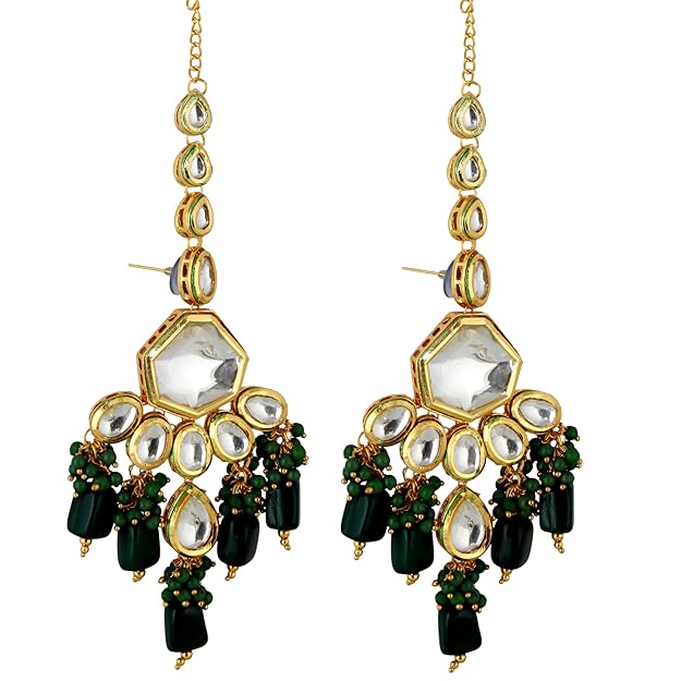 Tehzeeb Creation Back Meenakari 18k Gold Plated Green Color Tika Earring Combo Uncut Big Faux Kundan Choker Necklace Set THZ414