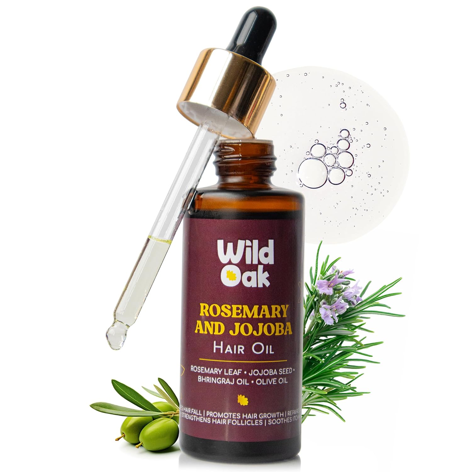 WildOak Rosemary Hair Oil with 3x Power of Bhringraj, Olive & Jojoba Oil | Non - Sticky | Hair Growth, Strengthening Hair Follicles, Hair Fall Control, Anti Dandruff & Nourishment | 50ml
