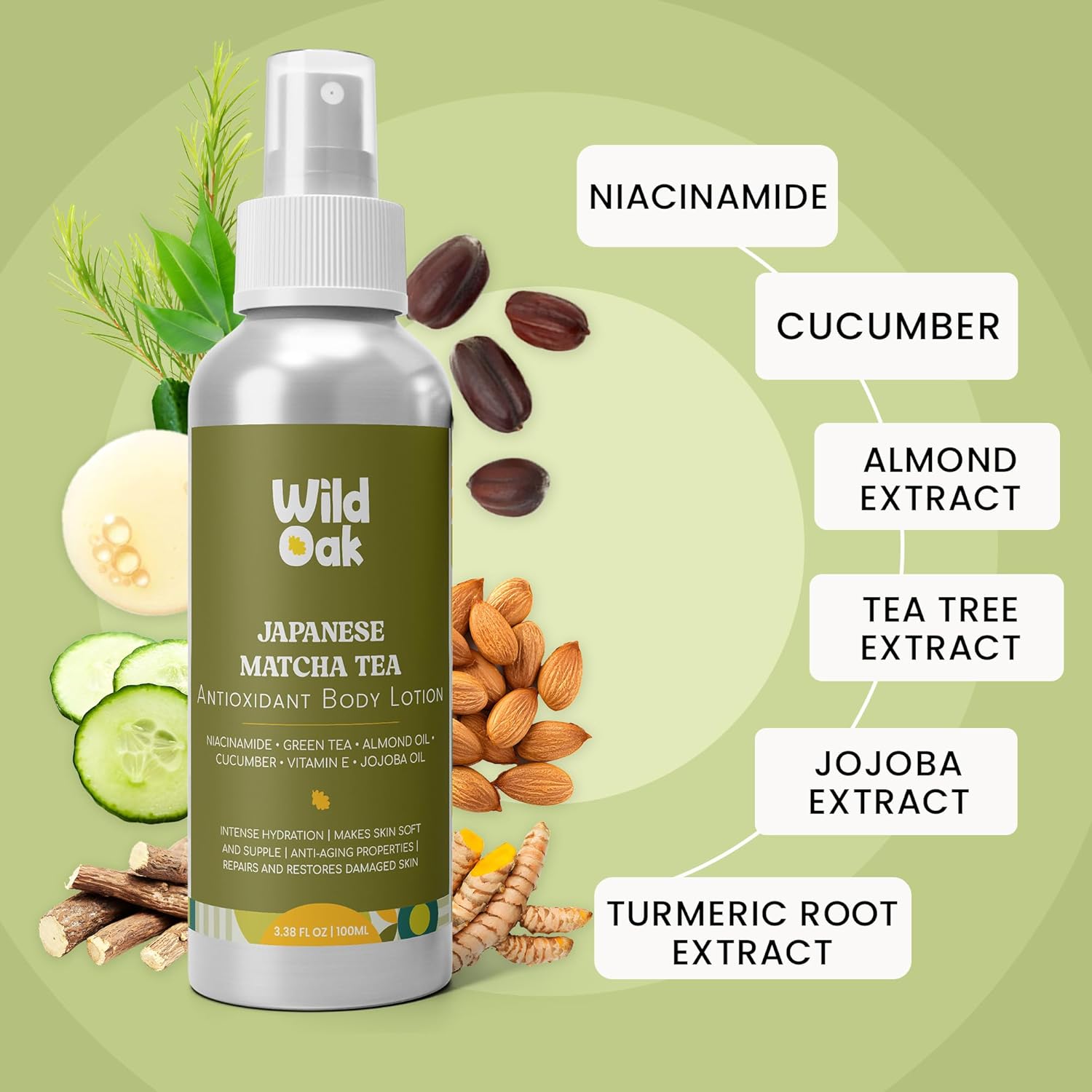 WildOak Super Moisturizing Body Lotion | With 5x Power of Vitamin E, Nicinamide, Japanese Matcha Tea, Jojoba, Almond & Cucumber | Intense Skin Hydration & Nourishment | For all Skin Type | 100ml