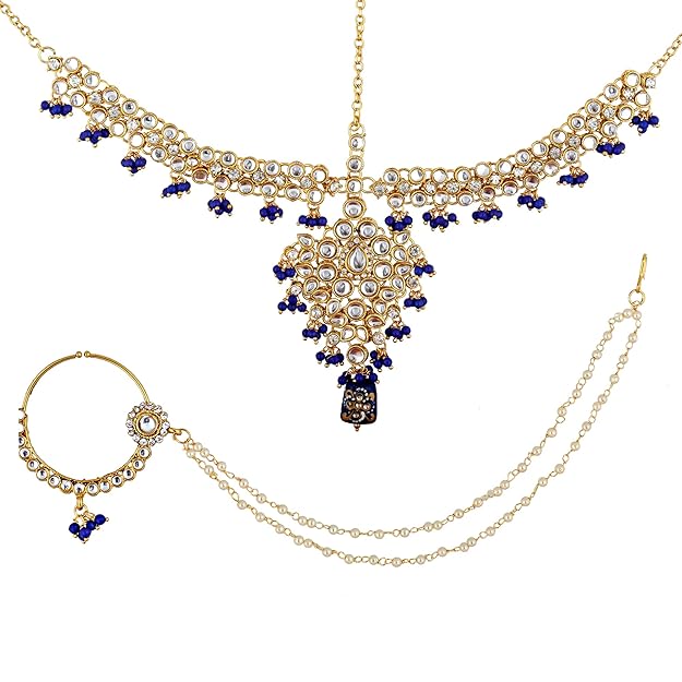 Tehzeeb Creation Traditional 18k Gold Plated Designer Blue Color Dulhan Choker Kundan Bridal Set THZ435