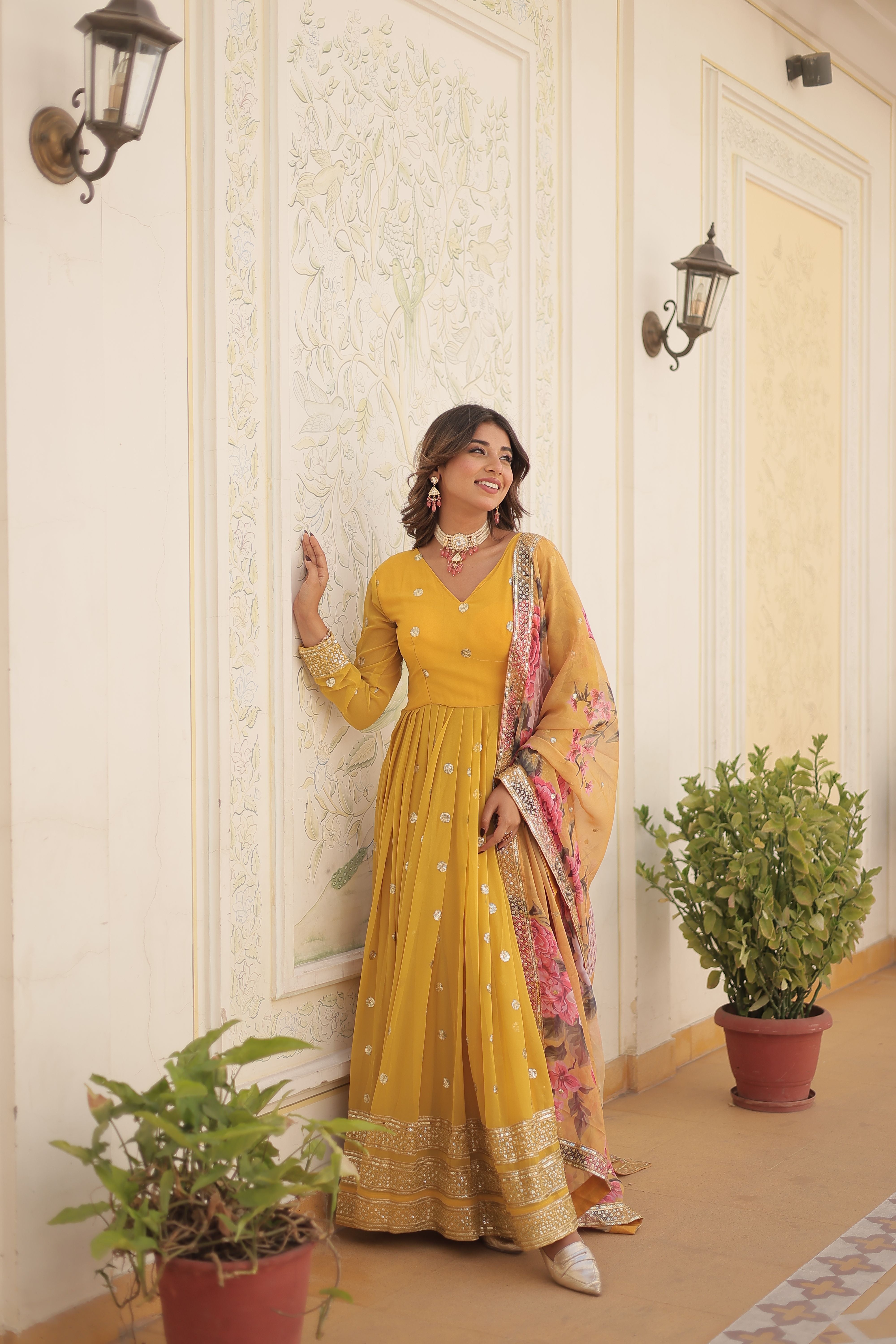 Aastha Yellow Faux georgette with Gown Tabby silk