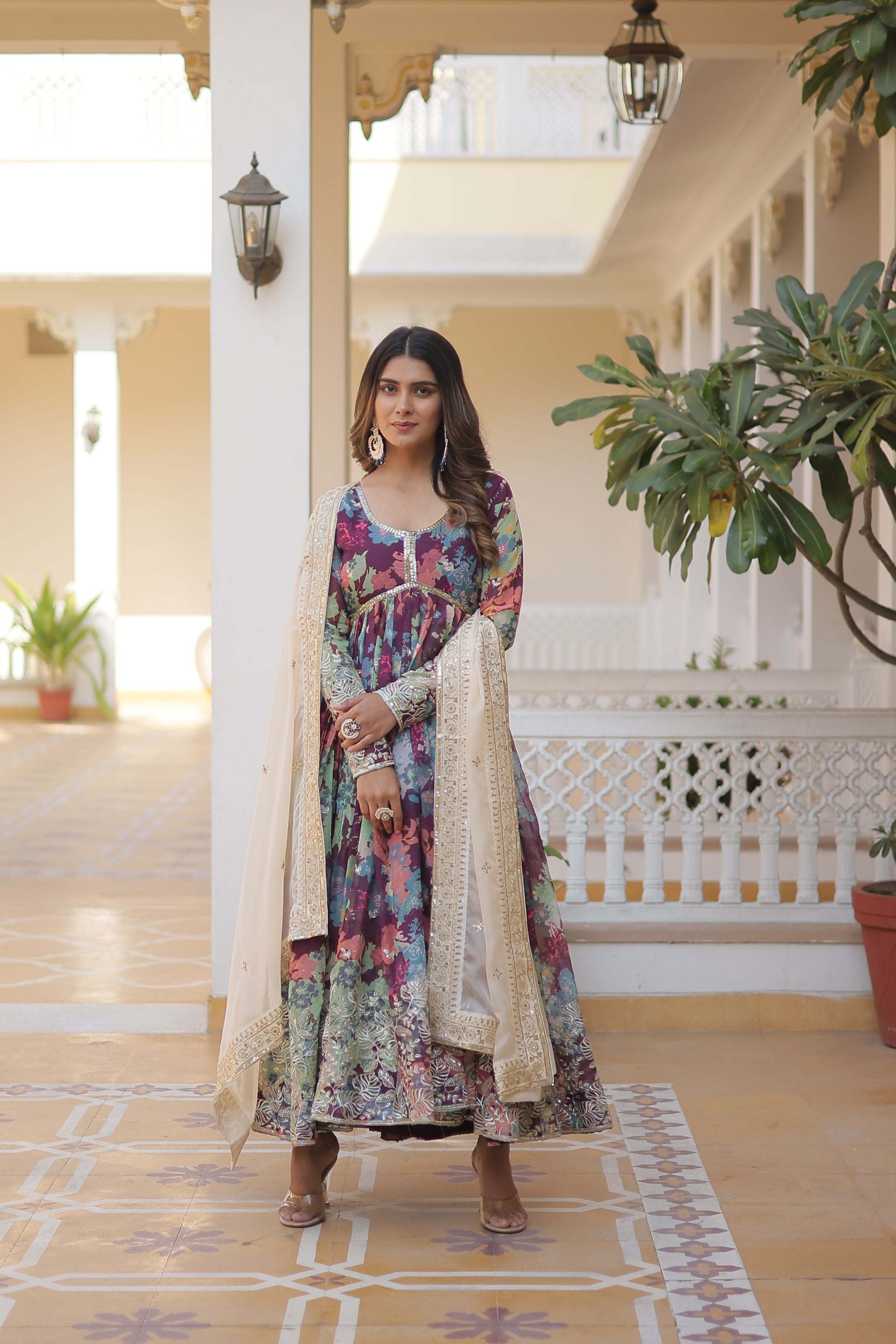 Aastha Off White Russian silk with Gown Embroidery Sequins Embroidered work