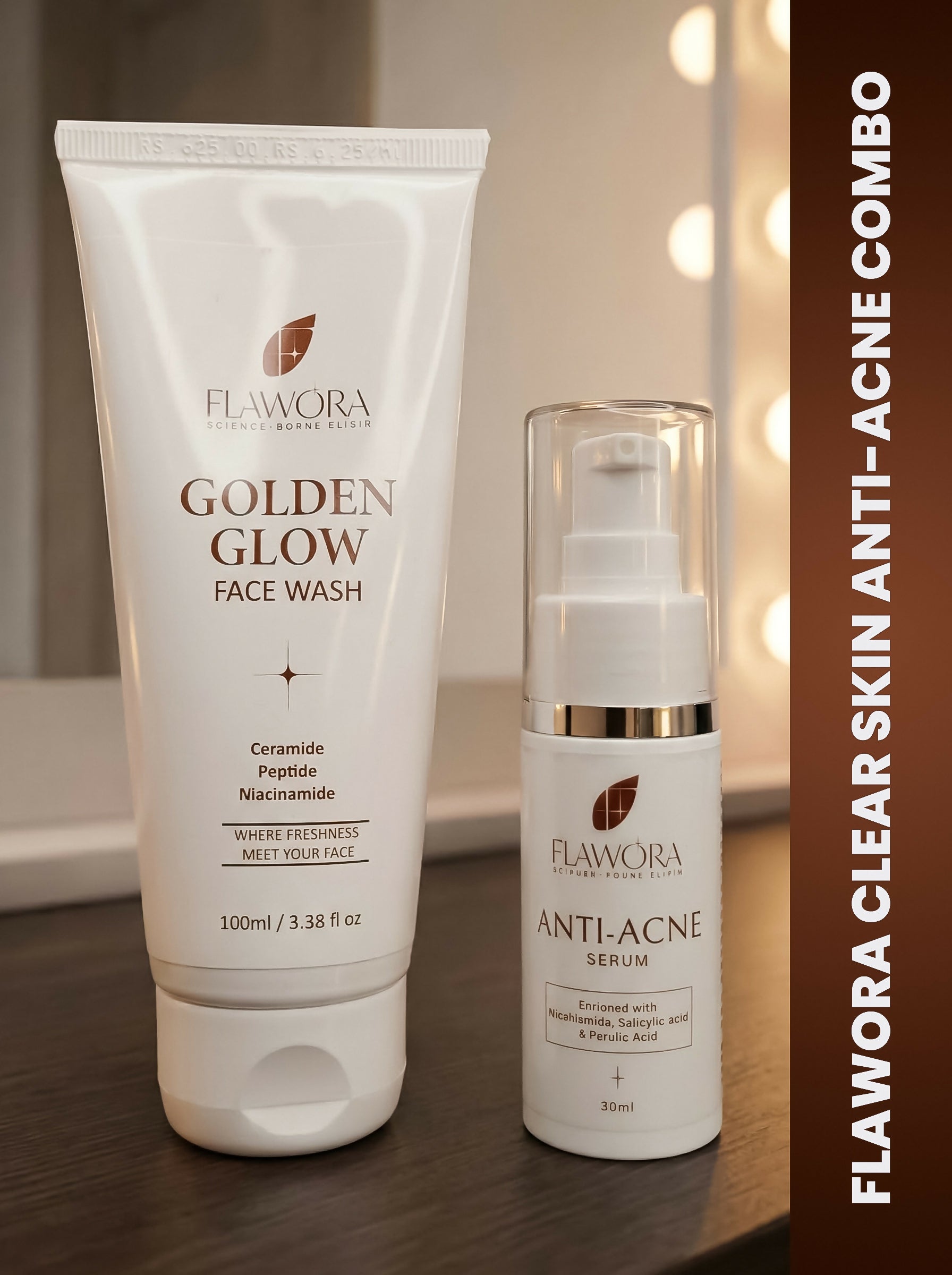Flawora Set of Golden Glow Face Wash and Anti Acne Serum