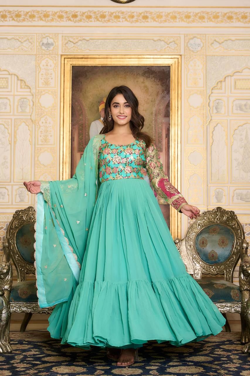 Aastha Sea Green Fox Georgette with Micro Cotton pure zecard work