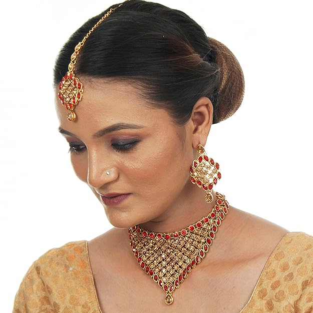 Tehzeeb CreationDesigner Gold Plated Elegant Stone Necklace Set For Women & Girls THZ406