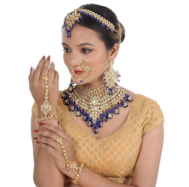 Tehzeeb Creation Traditional 18k Gold Plated Designer Blue Color Dulhan Choker Kundan Bridal Set THZ433
