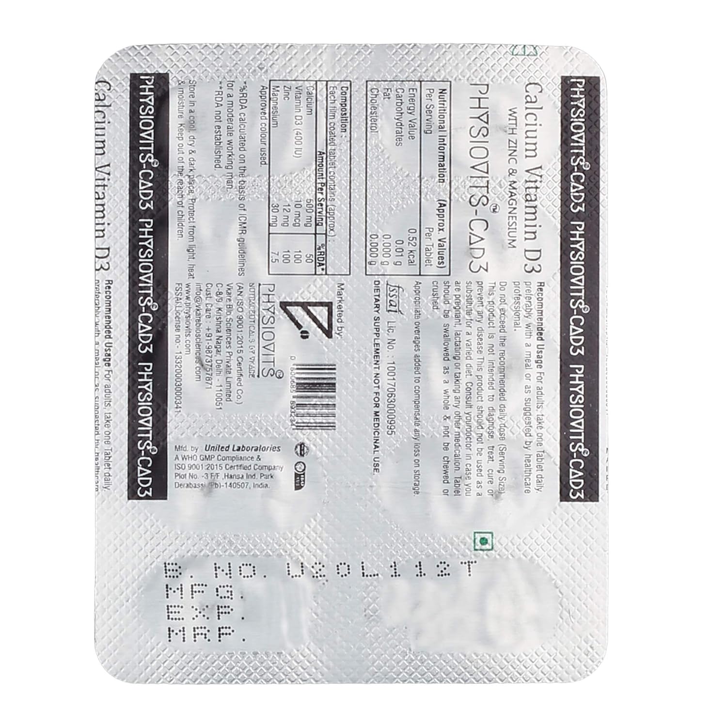 Physiovits CaD3 Calcium and Vitamin D3 with Zinc and Magnesium Tablets