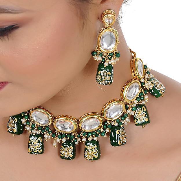 Tehzeeb Creation Meenakari Gold plated pentagon shape Uncut Kundan Necklace Set THZ449
