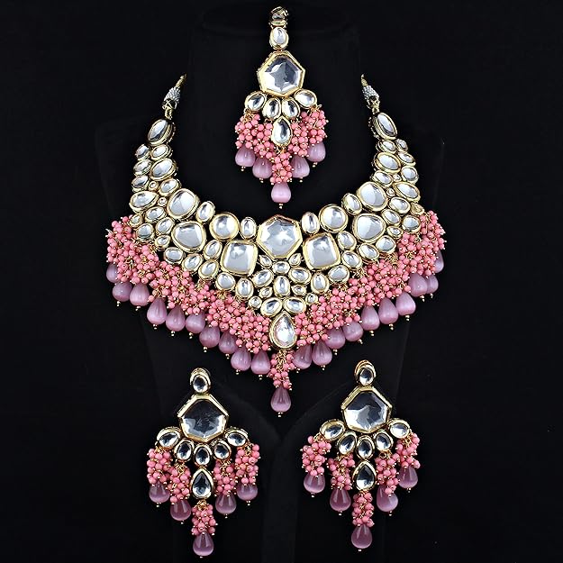 Tehzeeb Creation Gold Plated Pink Color Kundan Stone/Uncut Kundan/Dibbi Kundan/Meena Kundan/Lucknow Kundan with Monalisa Drop Bridal Set for Girls & Women THZ415