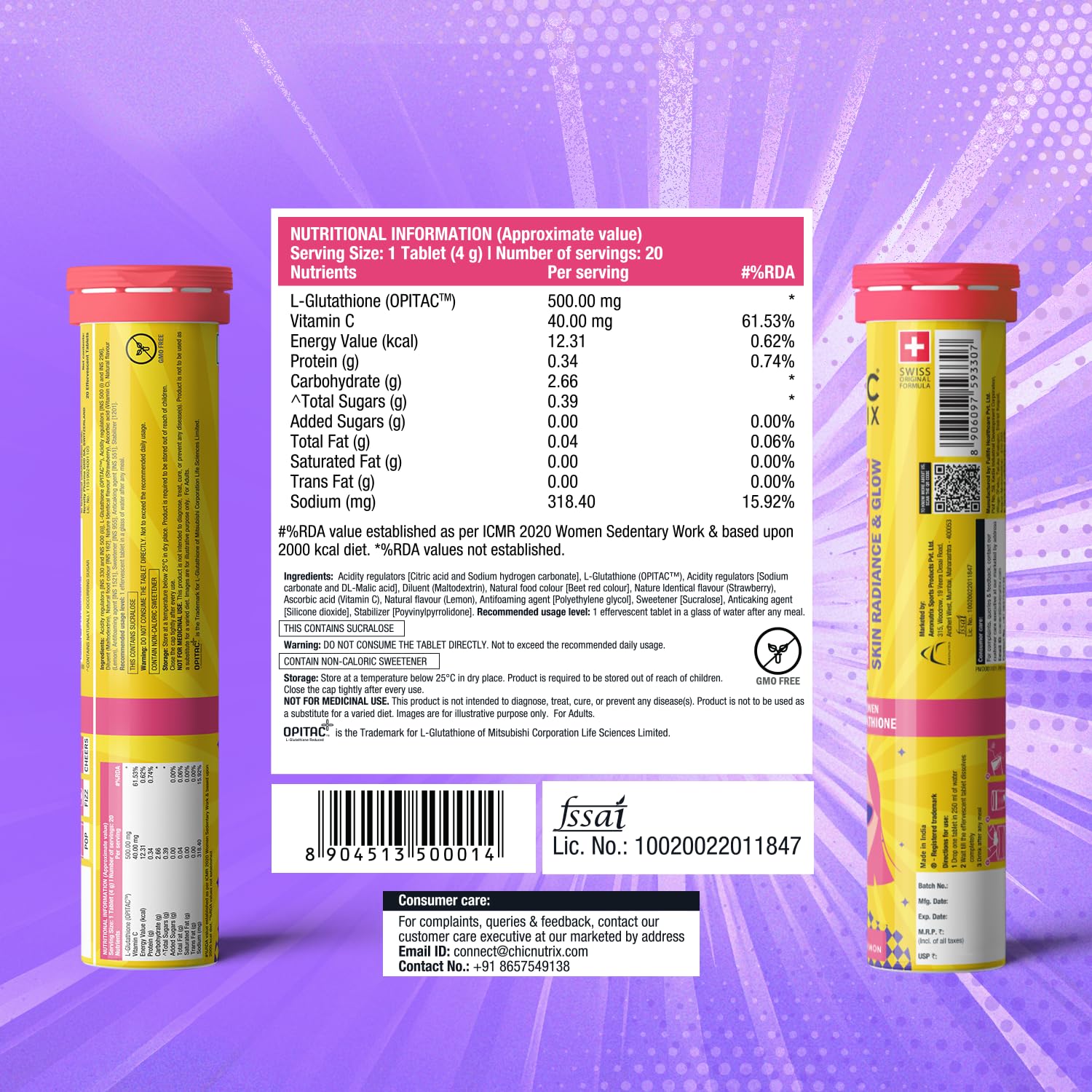Chicnutrix Glow 500mg Effervescent Tablets - Strawberry & Lemon Flavor, For Glow & Radiance Skin