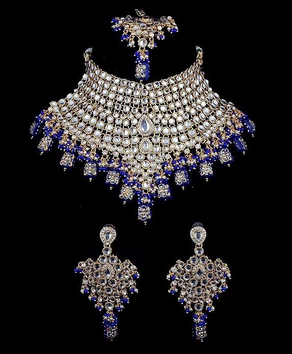 Tehzeeb Creation Traditional 18k Gold Plated Designer Blue Color Dulhan Choker Kundan Bridal Set THZ433