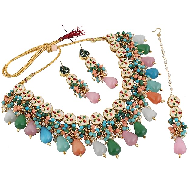 Tehzeeb Creation Back Meenakari 18k Gold Plated MultiColor Set Uncut Big Faux Kundan Choker Necklace Set For Girl's & Women THZ454