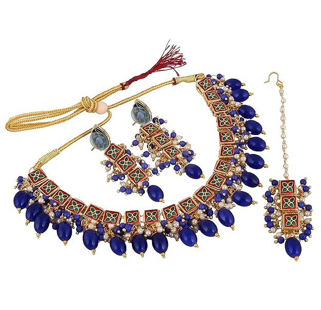 Tehzeeb Creation Back Meenakari 18k Gold Plated Square Shape Tika Earring Combo Jewellery Set Uncut Kundan Big Faux Kundan Dibbi Kundan Choker Necklace Set for Girl's & Women THZ442