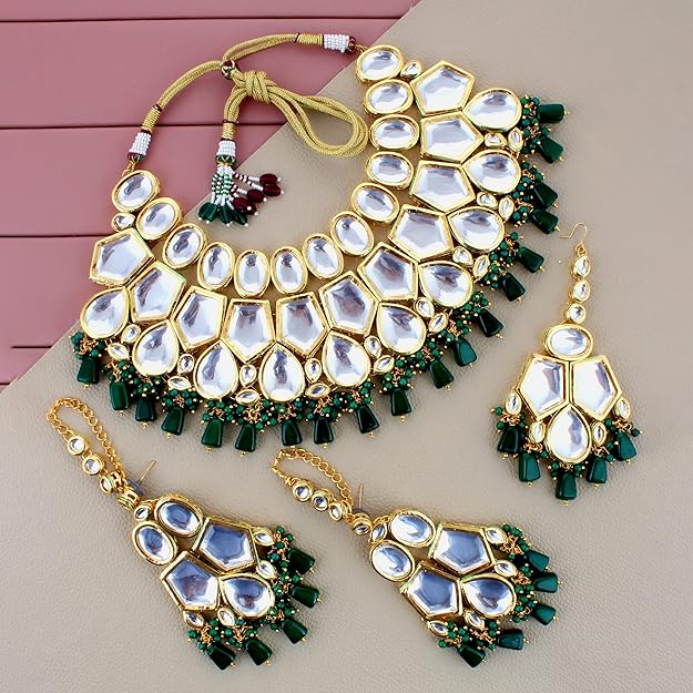 Tehzeeb Creation Meenakari 18K Gold Plated Green Color Rectangular Shape Uncut Kundan Combo Necklace Set THZ451