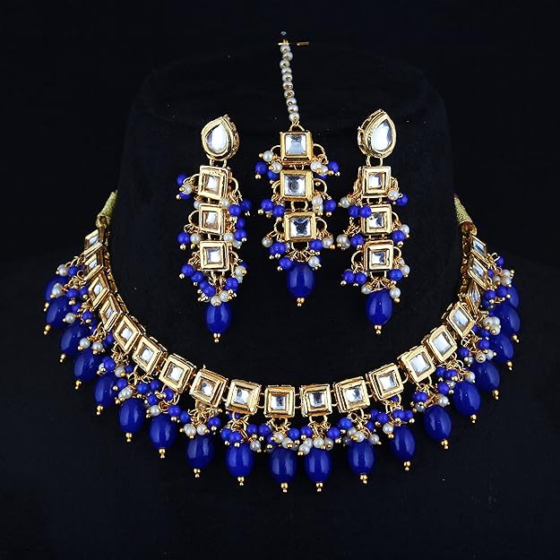 Tehzeeb Creation Back Meenakari 18k Gold Plated Square Shape Tika Earring Combo Jewellery Set Uncut Kundan Big Faux Kundan Dibbi Kundan Choker Necklace Set for Girl's & Women THZ442