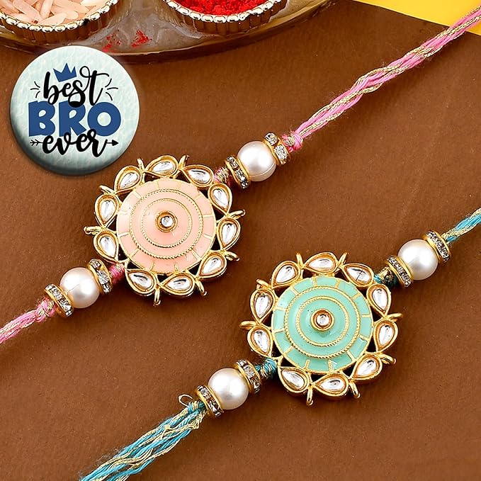 Set of 2 Flower Rakhi Combo For Unisex Adult Rakhi For Brother Bhaiya Bhabhi Sister Raksha Bandhan Gift Band Moli Bracelet Stone Rakhi for Bhai Rakhi with Roli Tilak