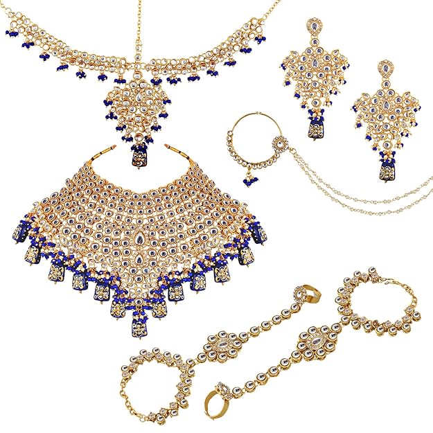 Tehzeeb Creation Traditional 18k Gold Plated Designer Blue Color Dulhan Choker Kundan Bridal Set THZ435