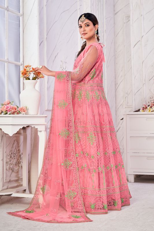 Aastha pink Green Dupatta with Net top fabric Crepe Bottom fabric