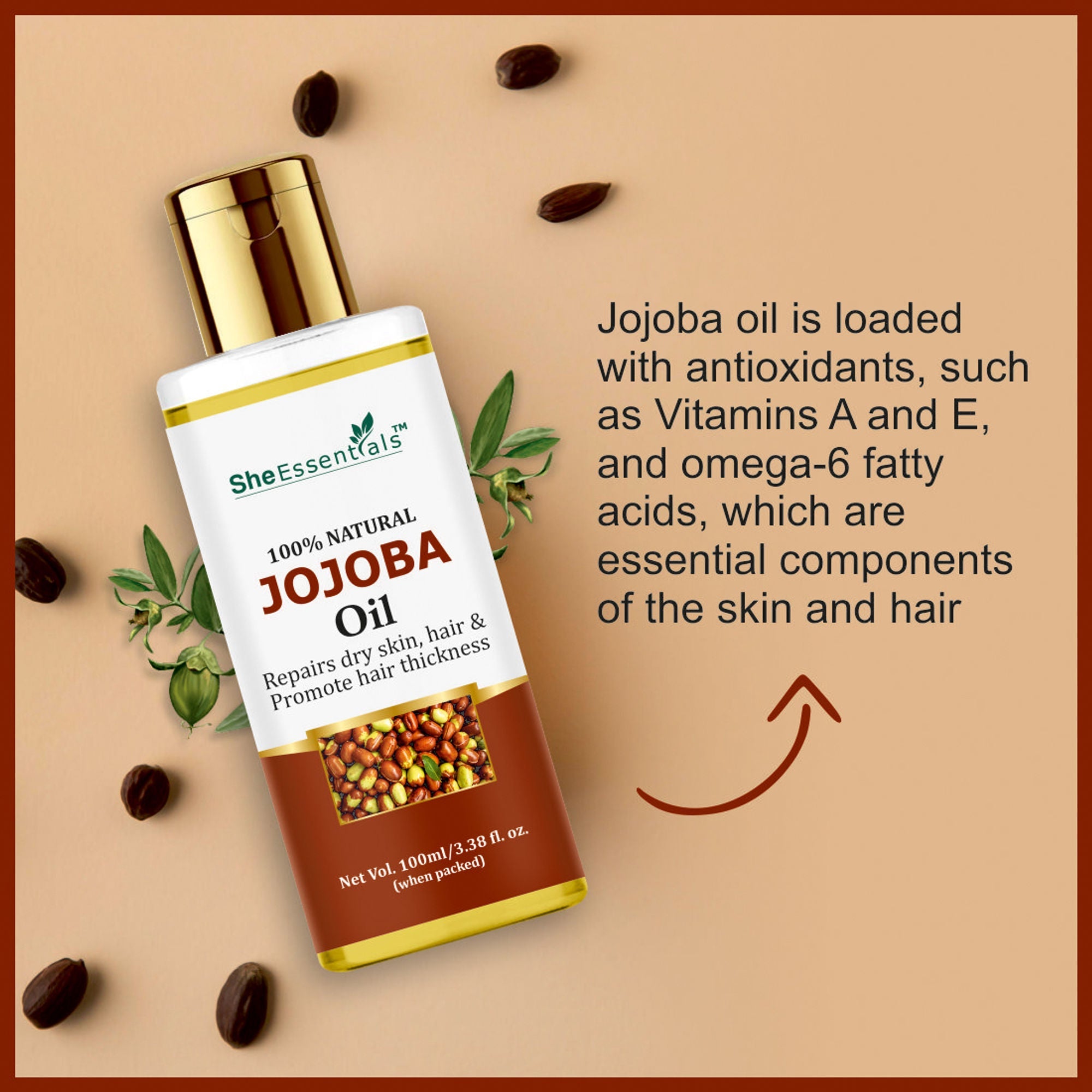 She Essentials Pure Cold Pressed Natural Unrefined Jojoba Oil For Face, Hair & Skin