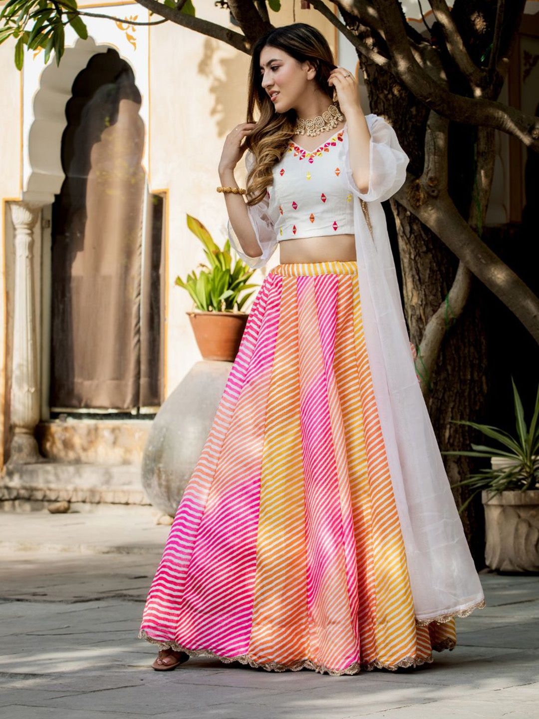 Aastha fashion Multi color Organza lehanga blouse fabric Floral Digital Print with Embroidery Work