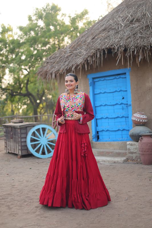 Aastha fashion off red Lehenga Choli with 14Kg Reyon with Standard Frill fabric blouse fabric