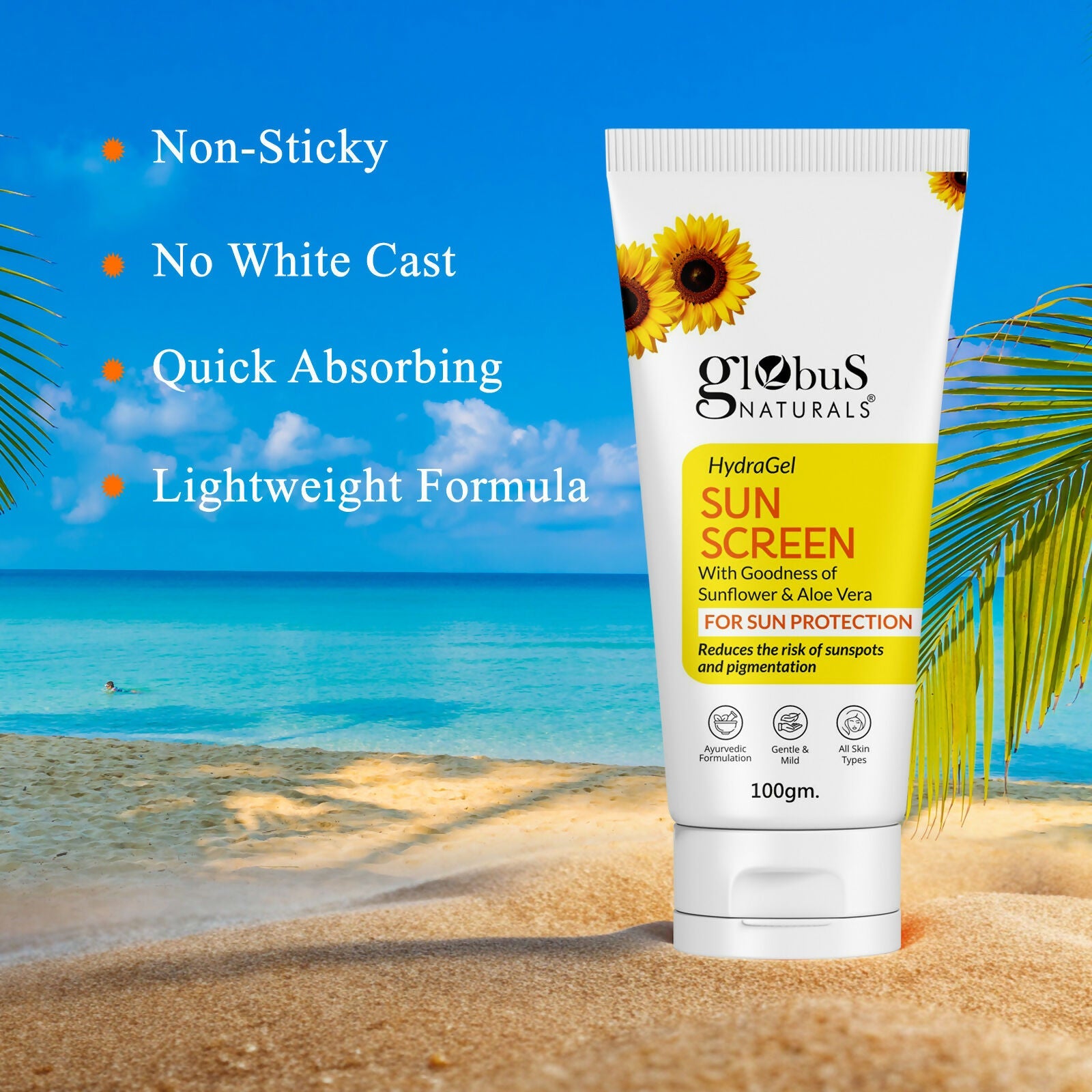 Globus Naturals Hydra Gel Sunscreen With Goodness of Sunflower & AloeVera For Sun Protection All Skin Types