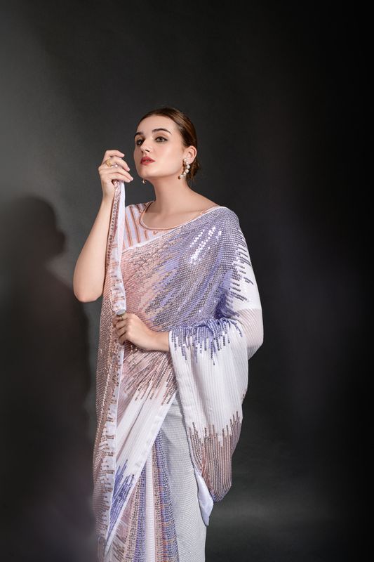 Aastha White Heavy Georgette Fabric Beautiful Multicolored Sequence embroidery work