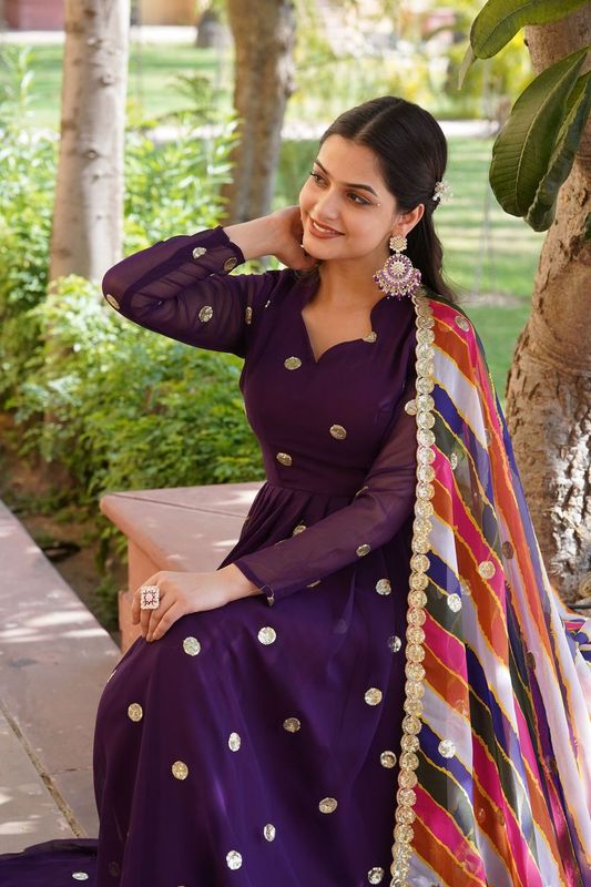Aastha Purple Faux Georgette with Gown fabric Printed