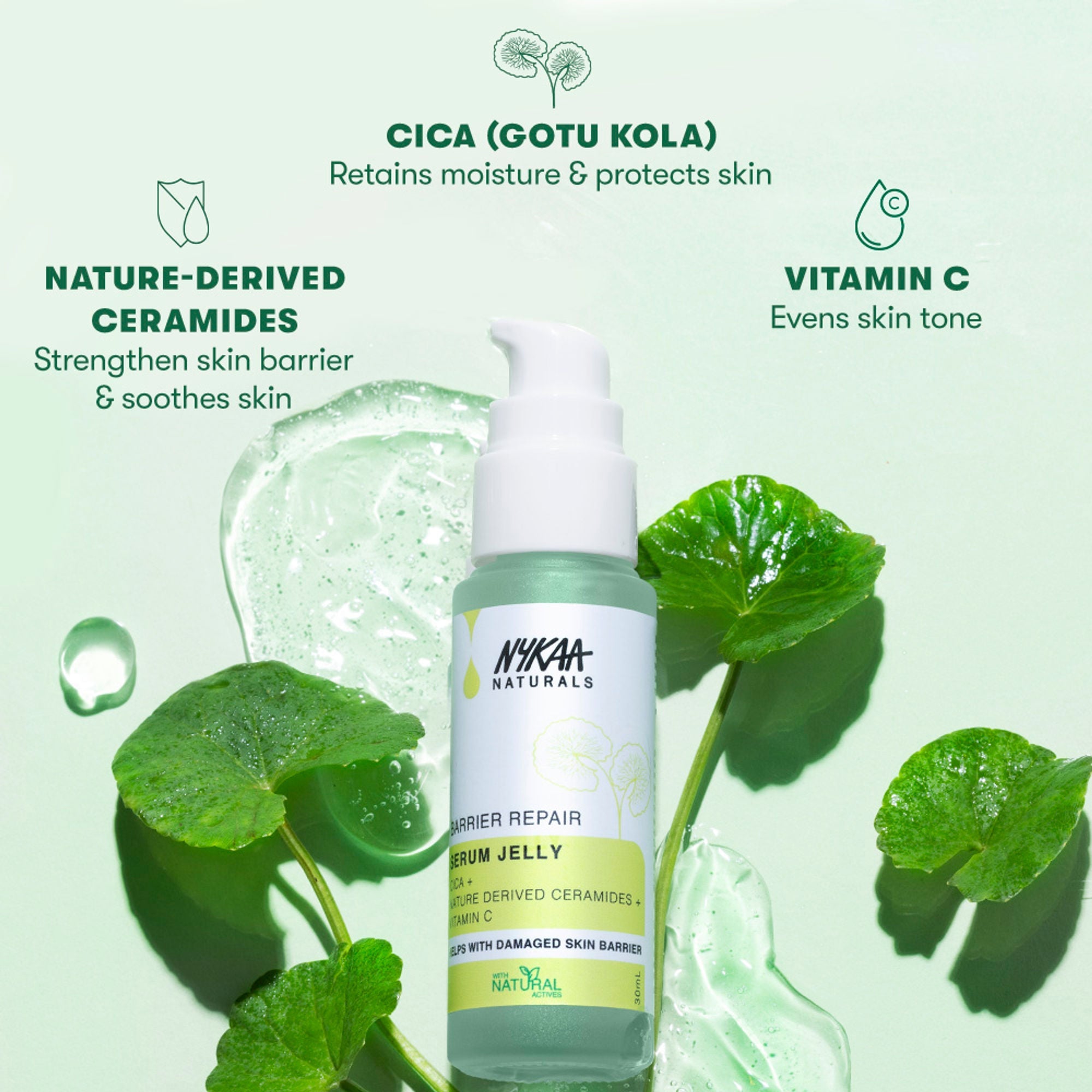 Nykaa Naturals Cica & Ceramides Serum Jelly with Vitamin C to Soothe, Repair Barrier & Brighten Skin