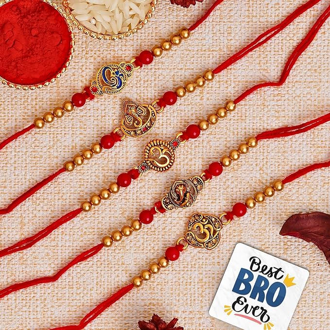 Set of 5 Red & Golden Om Symbol and Lord Ganesha Designer Religious Rakhi with Roli Chawal Pack and Best Bro Ever Fridge Magnet - Rakhi for Brother, Bhaiya, Bhai