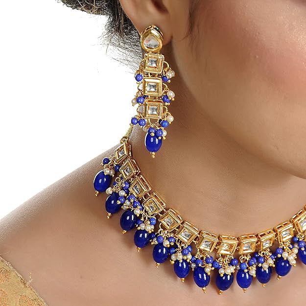 Tehzeeb Creation Back Meenakari 18k Gold Plated Square Shape Tika Earring Combo Jewellery Set Uncut Kundan Big Faux Kundan Dibbi Kundan Choker Necklace Set for Girl's & Women THZ421