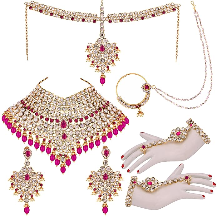 Tehzeeb Creation Designer Magenta Color Gold Plated Dulhan Choker Bridal Set with sheeshpatti for Girls & Women THZ407
