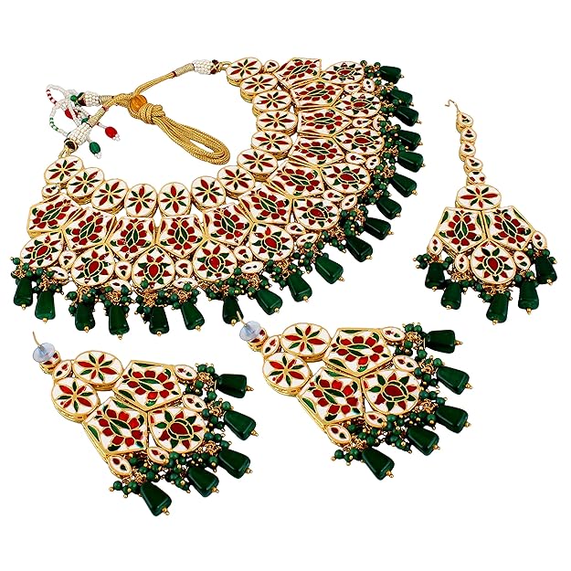 Tehzeeb Creation Meenakari 18K Gold Plated Green Color Rectangular Shape Uncut Kundan Combo Necklace Set THZ451