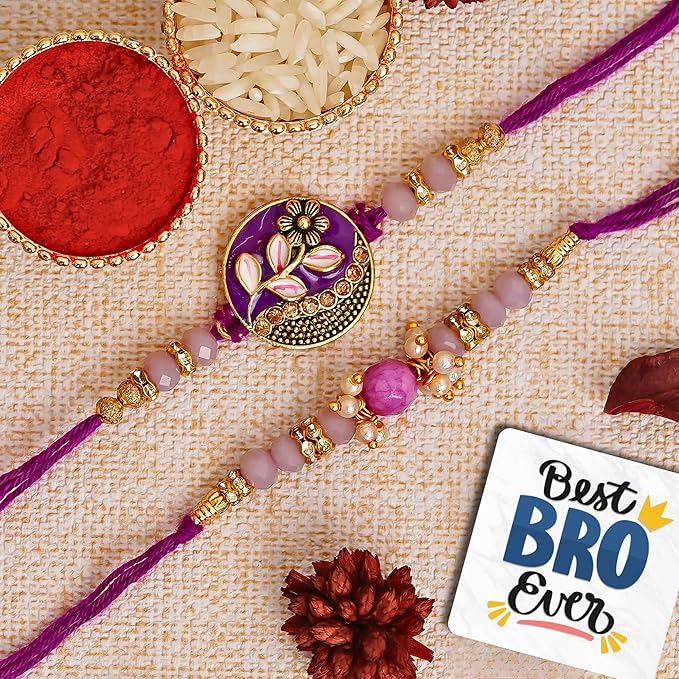 Set of 2 Purple Floral & Pearl Designer Rakhis with Roli Chawal Pack and Best Bro Ever Fridge Magnet - Rakhi for Brother, Bhaiya, Bhai