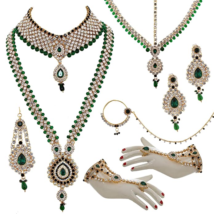 Tehzeeb Creation Bridal Dulhan Designer 18k Gold Plated Gold Color Pearl Stone Set 9 pcs. for Women & Girls THZ498