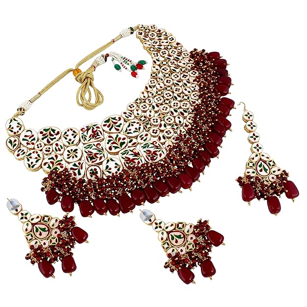 Tehzeeb Creation Meenakari 18K Gold plated Maroon color Uncut dibbi Kundan Combo Necklace Set THZ425