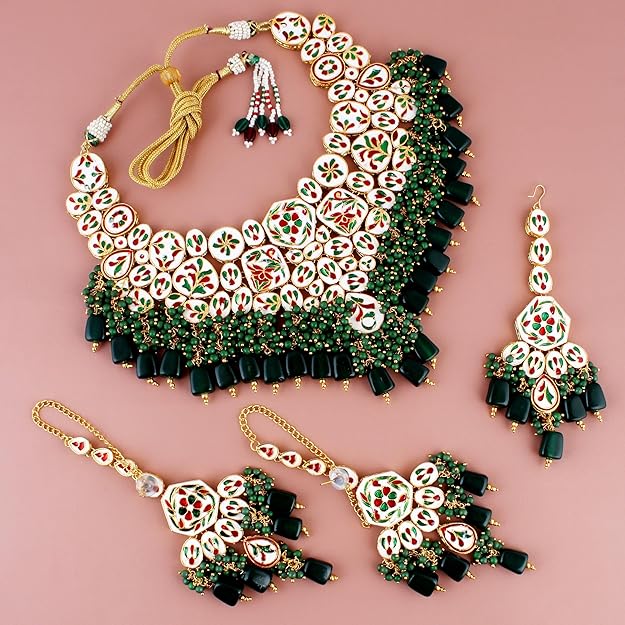 Tehzeeb Creation Back Meenakari 18k Gold Plated Green Color Tika Earring Combo Uncut Big Faux Kundan Choker Necklace Set THZ414