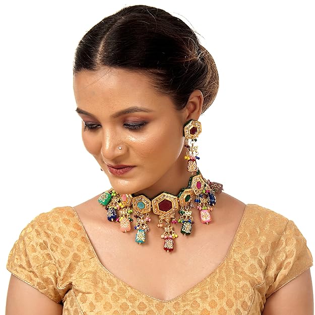 Tehzeeb Creation Back Meenakari 18k Gold Plated MultiColor Tika Earring Combo Jewellery Set Uncut Kundan Choker Necklace Set For Girl's & Women THZ422