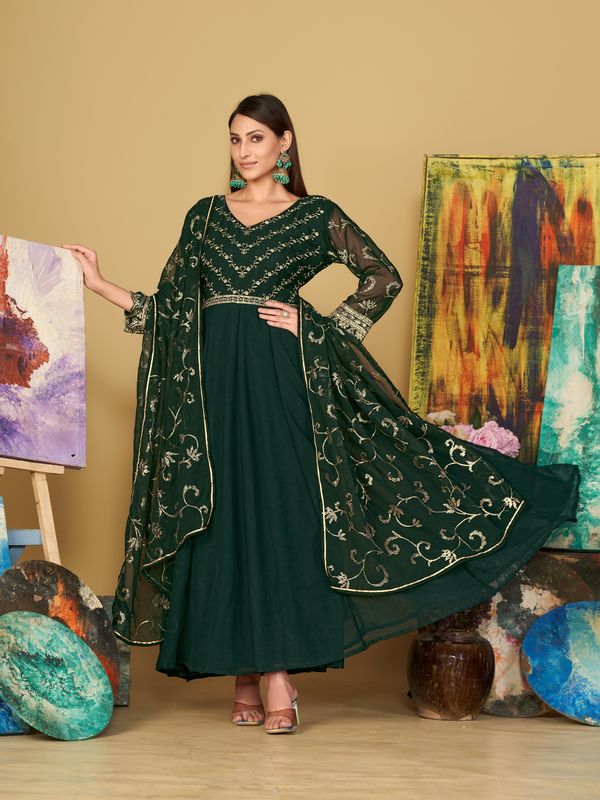 Aastha Green with Net top fabric Santoon Net Bottom fabric