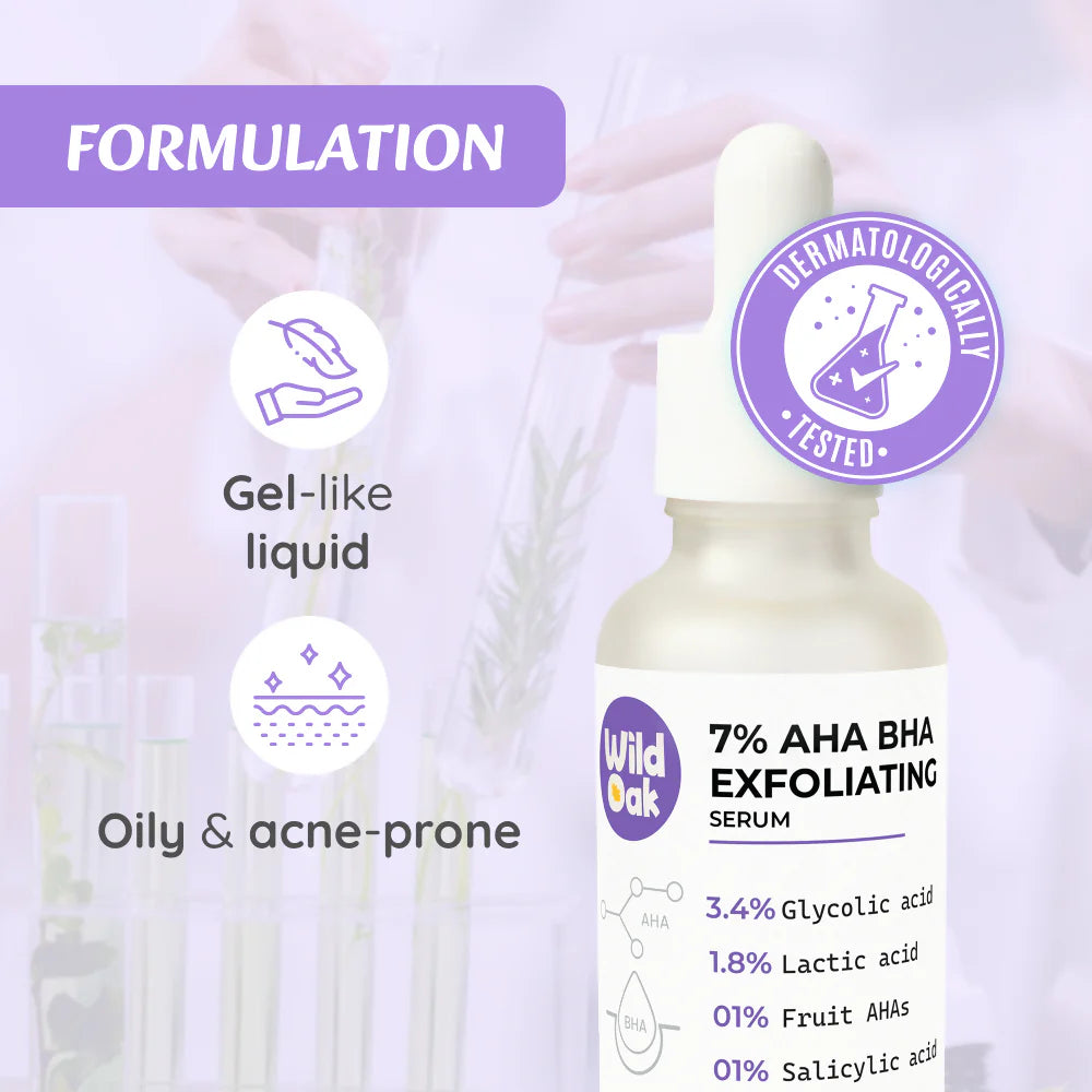 WildOak 7% AHA BHA Glycolic Acid Exfoliating Peeling Face Serum | Deep Pore Cleansing & Improve skin texture | Great for Wrinkles & Large Pores | Great for Beginners | 1% Fruit AHA | 30ml