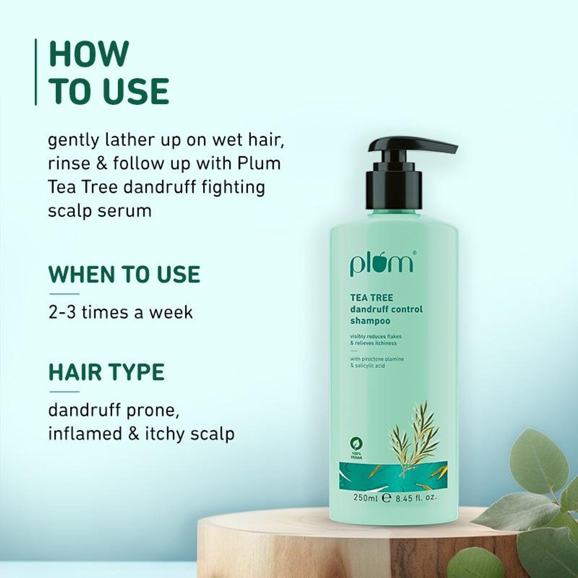Plum Tea Tree Dandruff Control Shampoo, Paraben-Free with Piroctone Olamine