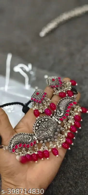 WOMENS SILVER PLEATED NACKLACE SET WITH RANI COLOUR PEARL THZ095