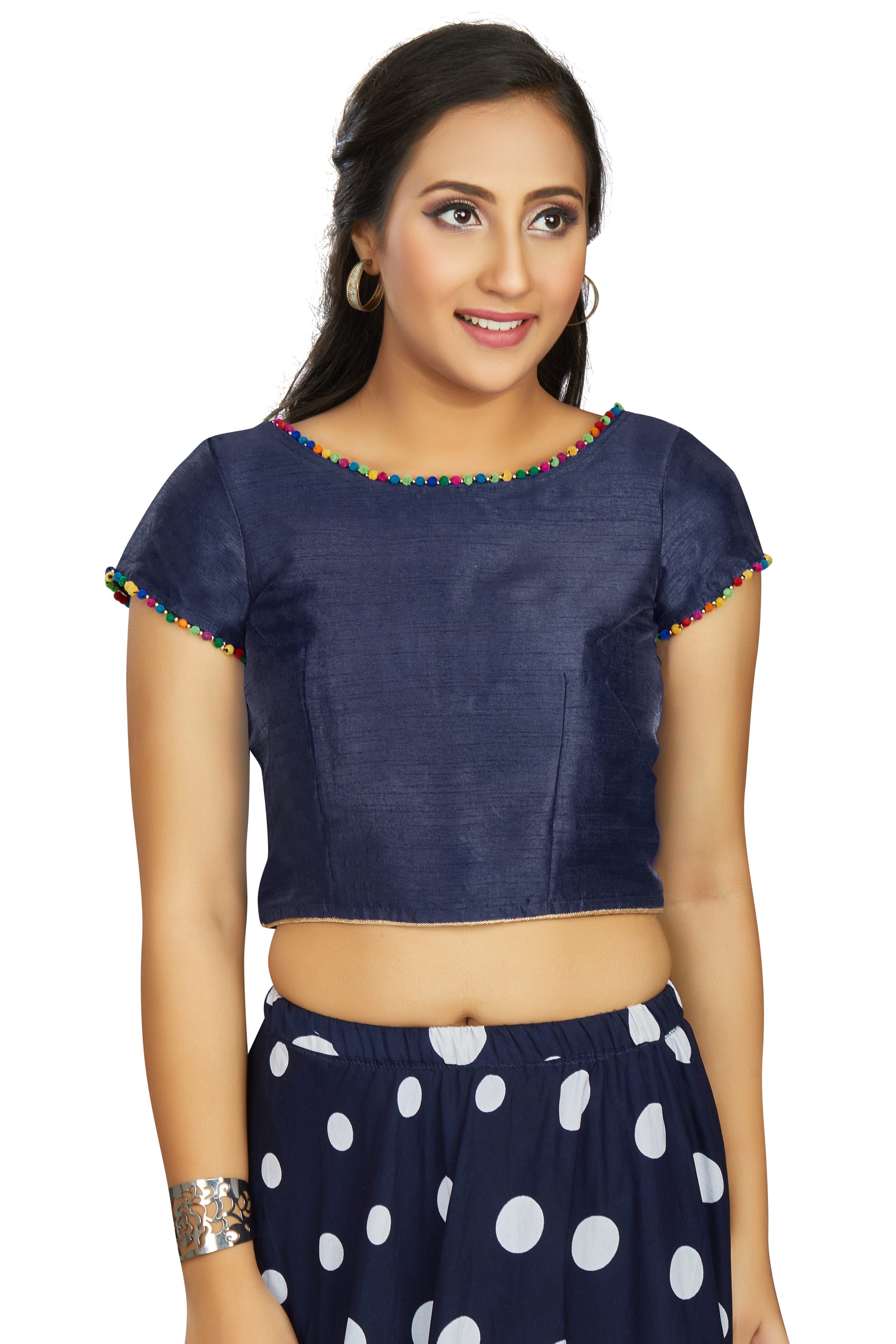 Aastha fashion Navy Blue Art Slik Boat Neck Blouse Work Plain