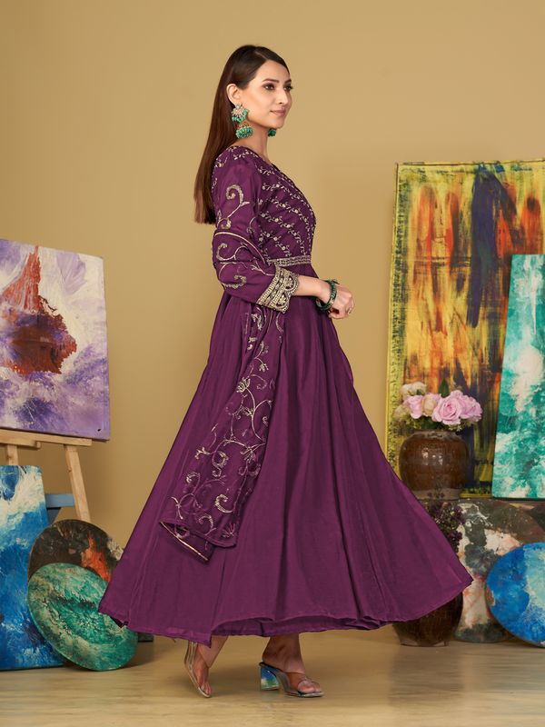 Aastha Purple with Net top fabric Georgette Crepe Net Bottom fabric
