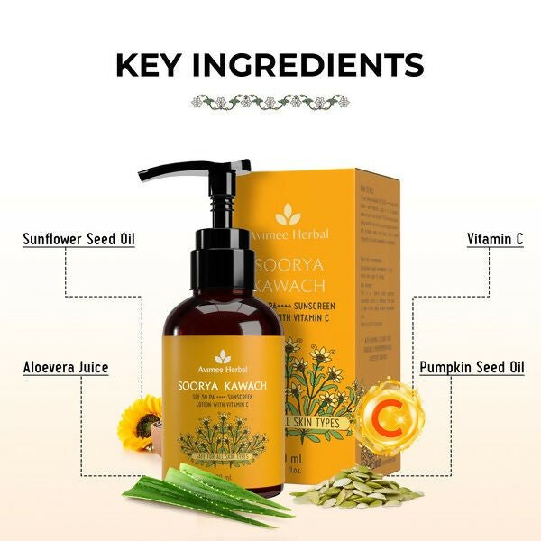Avimee herbal Soorya Kawach SPF 50 PA++++ Vitamin C Sunscreen Lotion