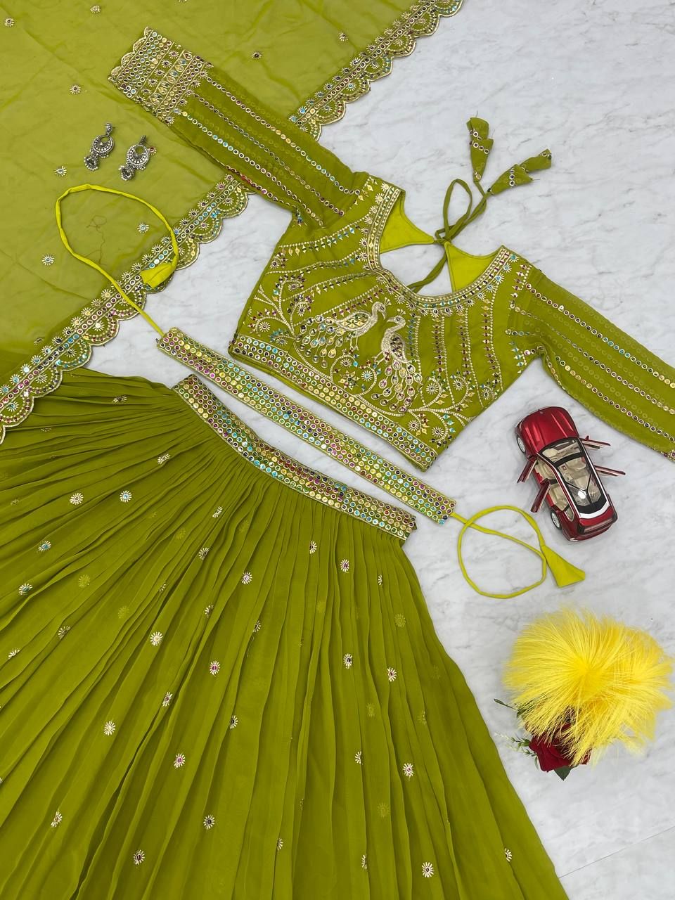 Aastha fashion Green Fox Georgette lehanga blouse fabric Embroidery 7mm multi Sequence Work with belt