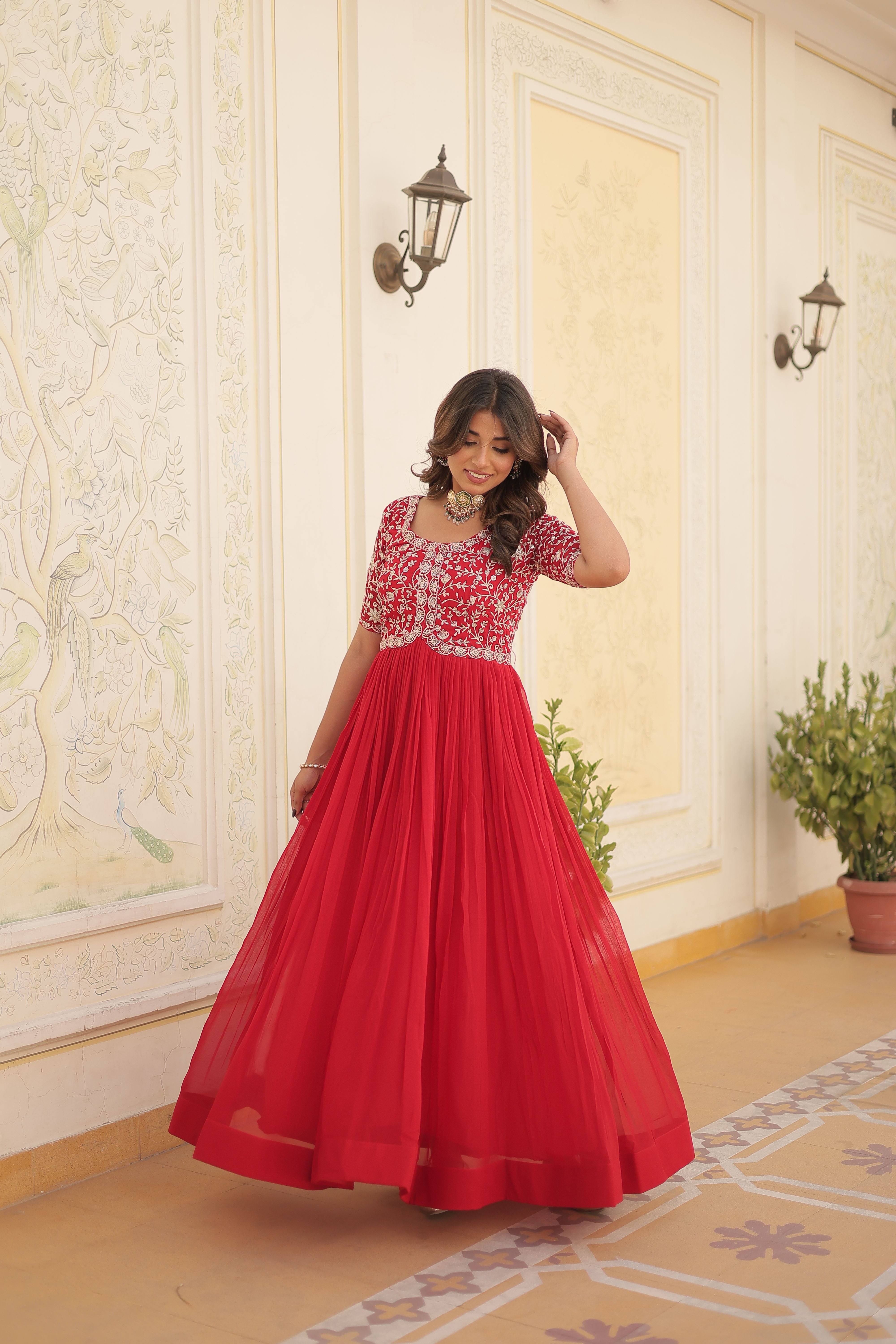 Aastha red Faux Blooming with Gown fabric Embroidery Zari Sequins-work