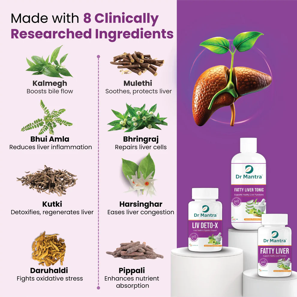 Dr Mantra Fatty Liver Combo - 300ml Fatty LiverTonic + 30 Fatty Liver Capsules + 30 Liver Detox Capsules