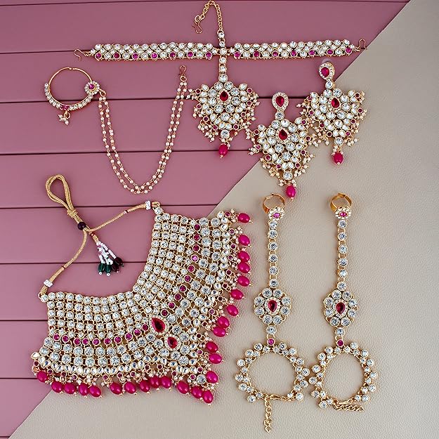 Tehzeeb Creation Designer Magenta Color Gold Plated Dulhan Choker Bridal Set with sheeshpatti for Girls & Women THZ407