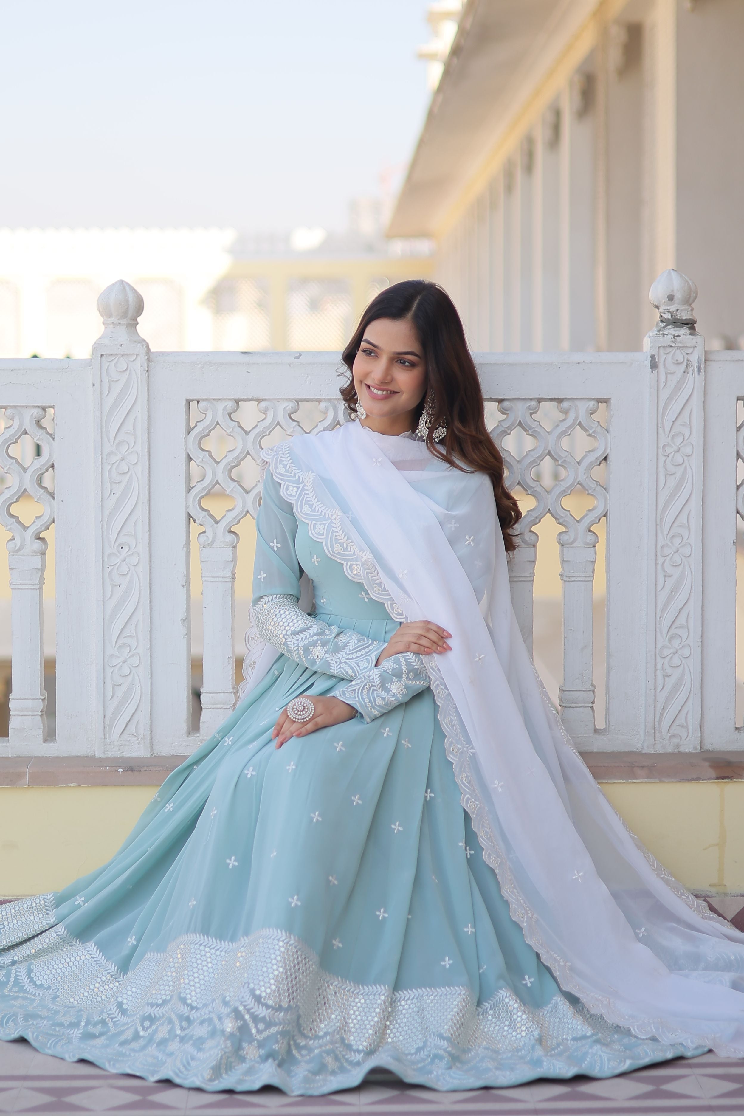 Aastha Sea Green Faux Georgette Russian Silk with Gown Embroidered